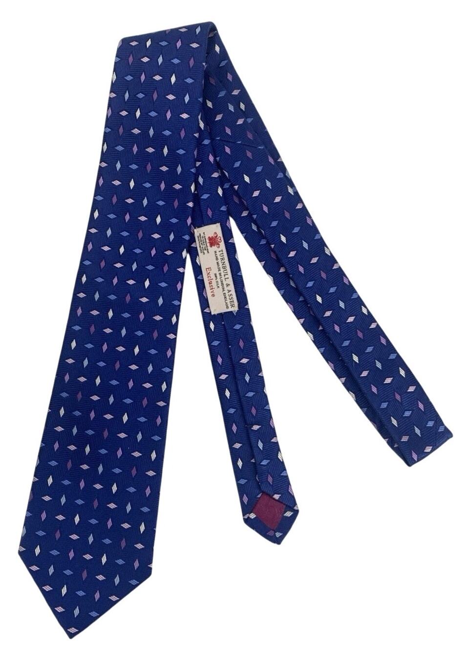 Turnbull & Asser 100% Silk Tie for Men Blue Purple White Diamonds 57.5”x3.5”